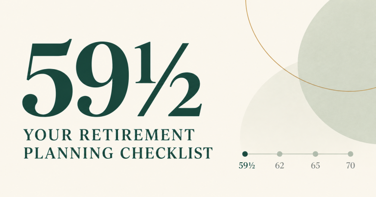 Retirement planning checklist graphic highlighting age 59½, with a timeline marking ages 62, 65, and 70.